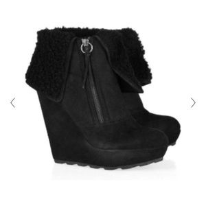 Ash Folk Suede Shearling-trim Black Wedge Booties